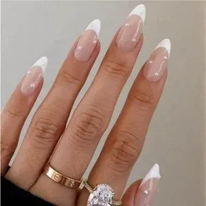 Foccna French Press on Nails Medium, Pearl White Fake Nails Almond Acrylic